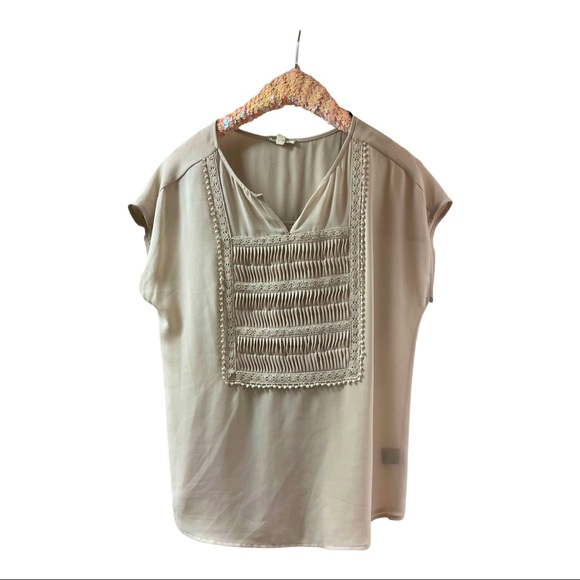 Pleione polyester tan top cotton lace plunge V neck large vintage sheer chiffon - Picture 2 of 7